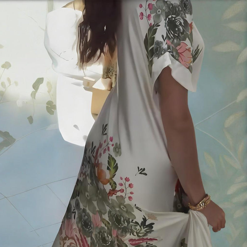 Dress with floral neckline and V neckline