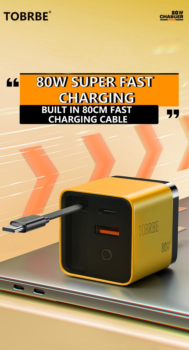 Product Introduction of TOBRBE 3 in 1 GaN Charger, Retractable 80W MAX Fast Charger Block with Type-C Cable & 2 USB Ports, Portable Adapter iPhone Smartphone Electronic, Yellow, Cellphone, Folding Charging 0