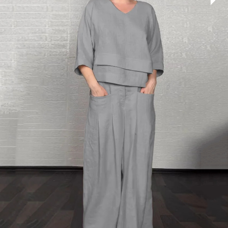 Two-piece set with irregular hem, short sleeves made of cotton and linen