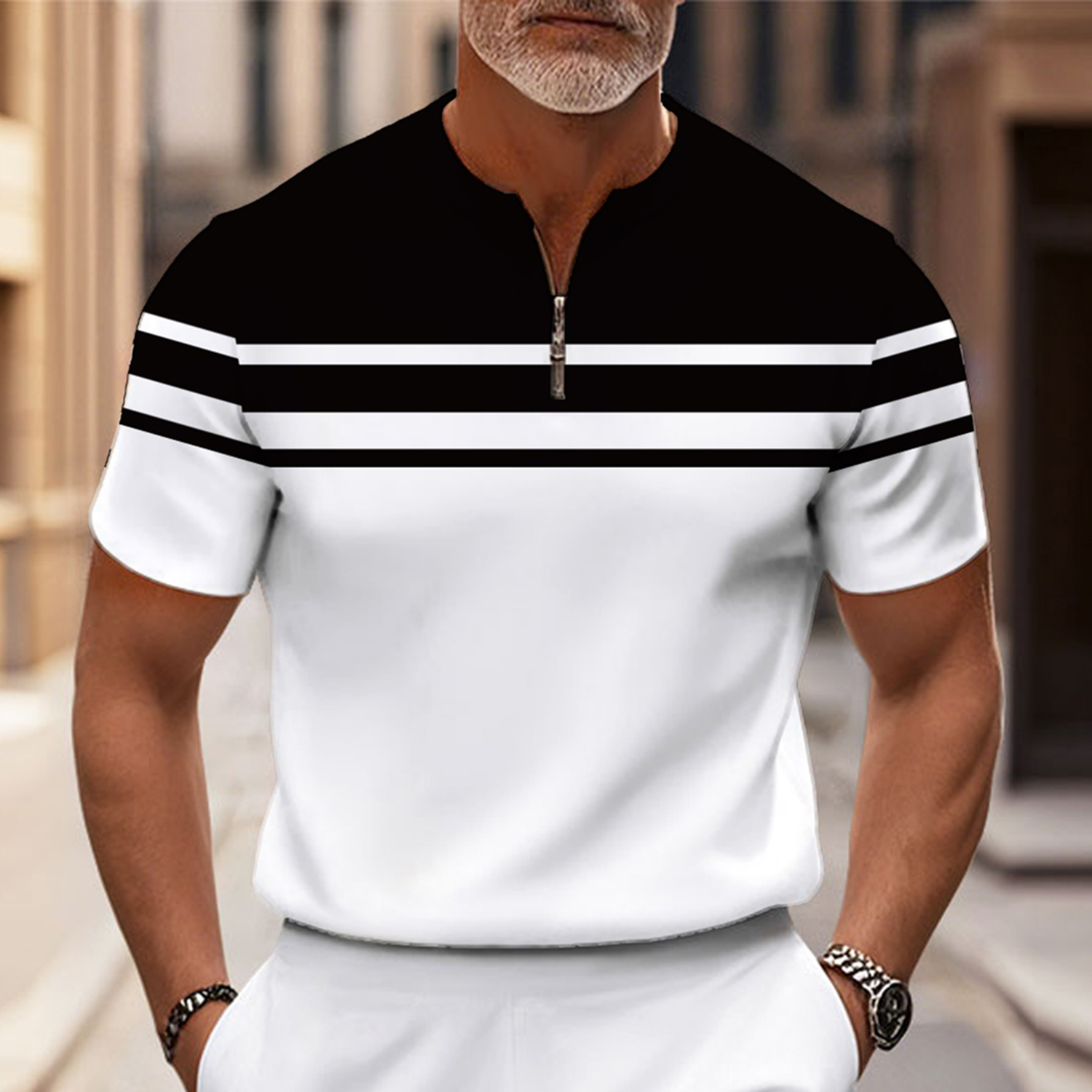 Men's Fashion Casual Round-Neck Geometric Printed Short-Sleeved Two-Piece Set