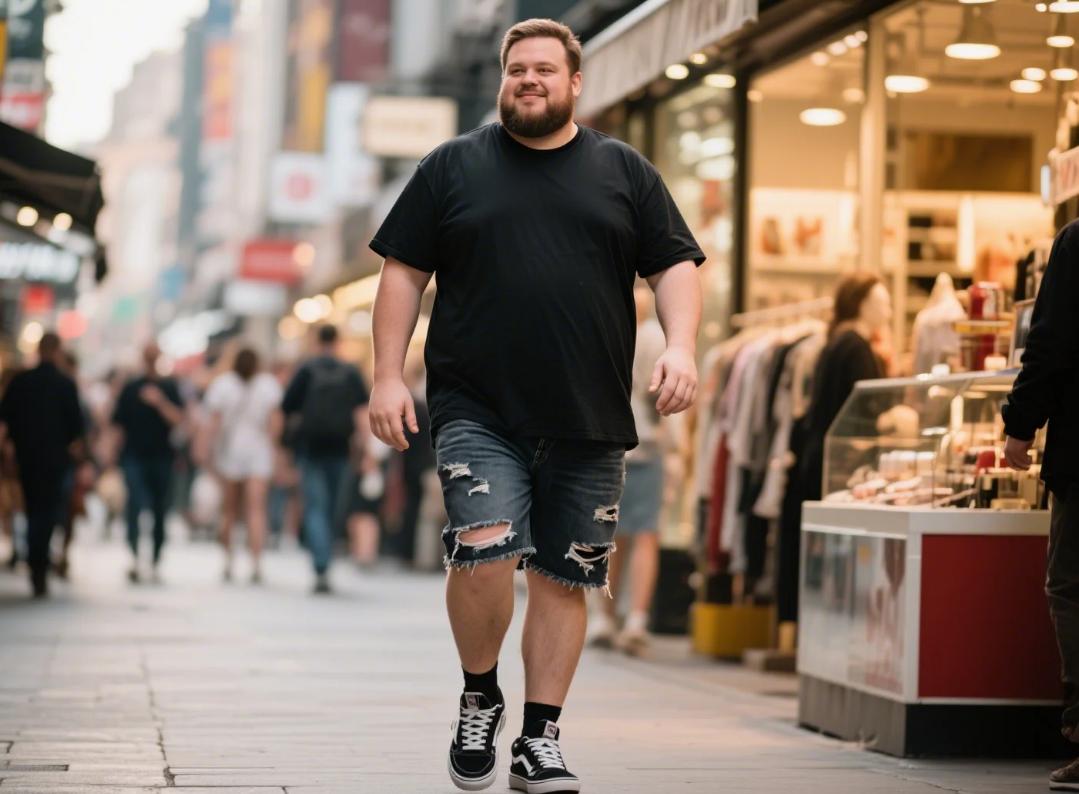 A big and tall man wearing short ripped jeans.