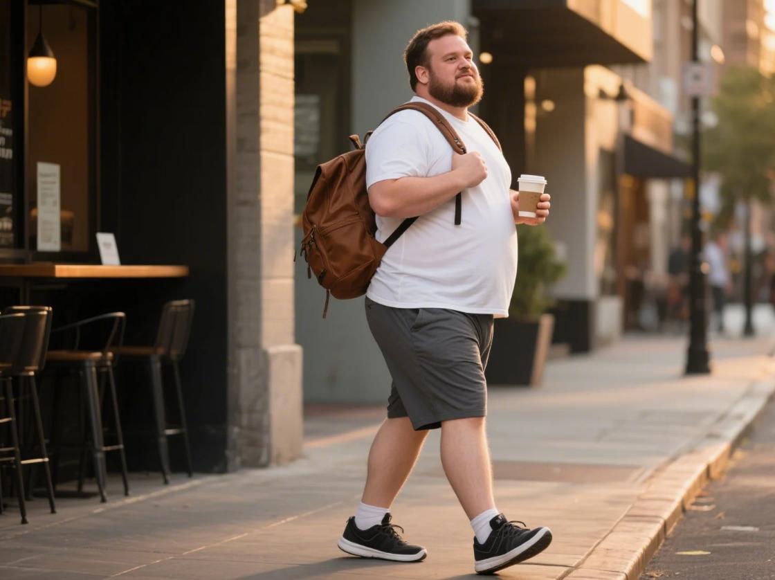 A big and tall man walking casual in stretch shorts