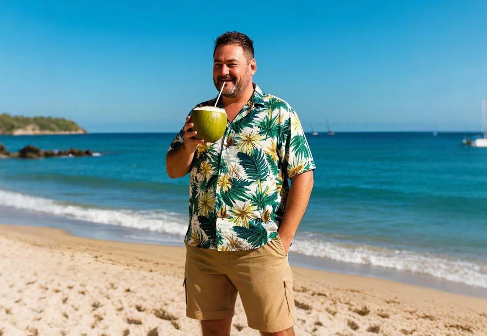 a man drinking coconut water in a big & tall Hawaiian shirt