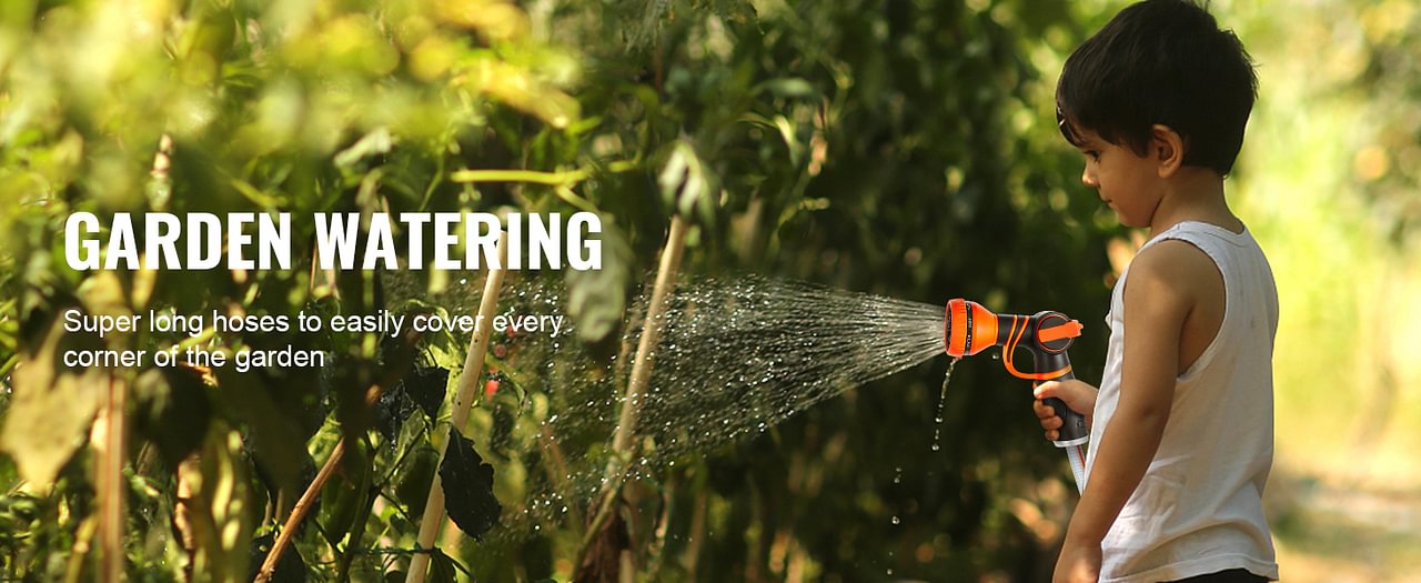 child watering garden plants with VEVOR retractable hose reel; text reads