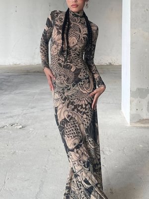 Image of Split-Joint See-Through Printed Skinny Long Sleeves High Neck Maxi Dresses Evening Dresses