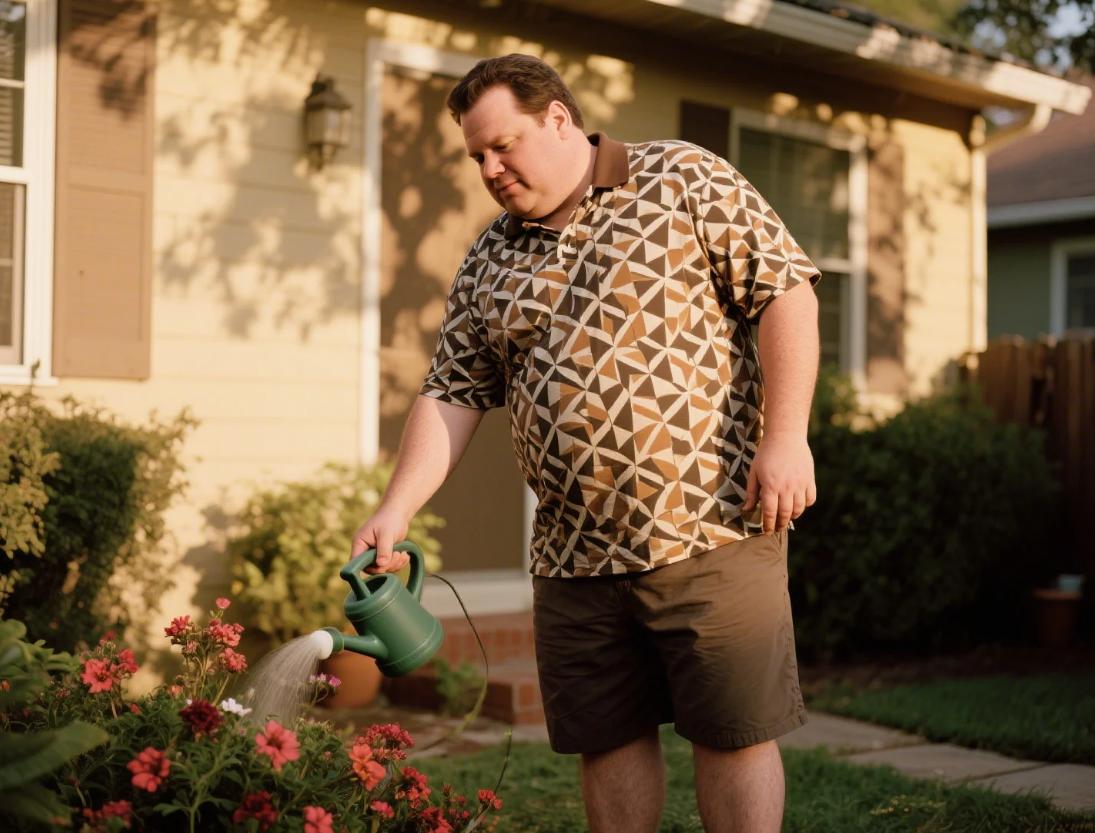 A man watering the flower in a big and tall 2-piece short set.