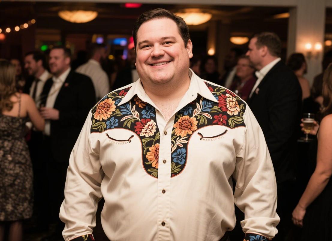A big man having a party in his durable Western shirts