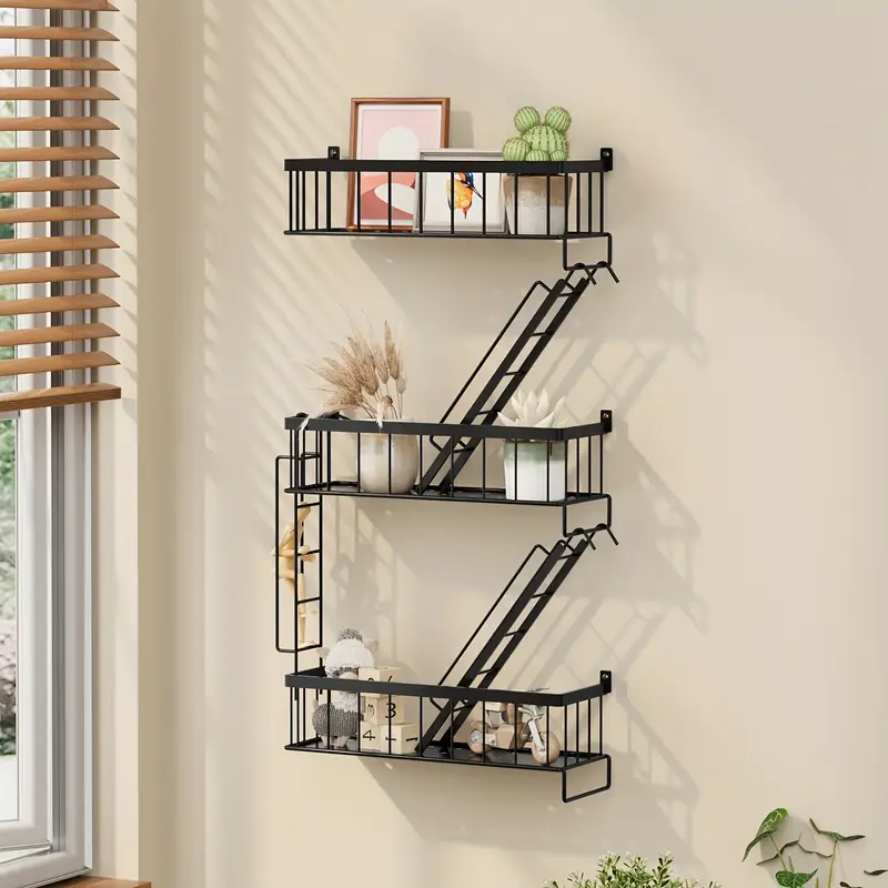 1 set of   staircase shaped storage racks fire escape     metal decorative racks with screwdrivers and screws rusting   for bedrooms home decoration christmas decoration black multiple sizes floating shelves details 2