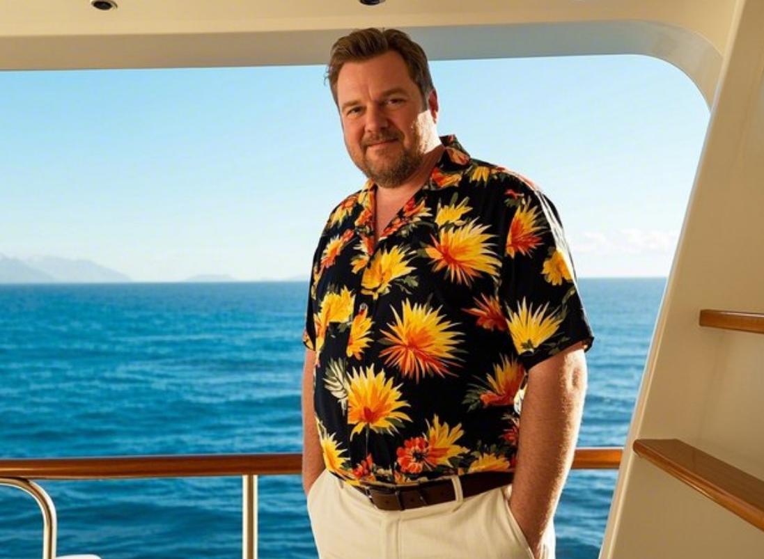 A man staying a 
cruise ship in the big and tall Hawaiian shirts