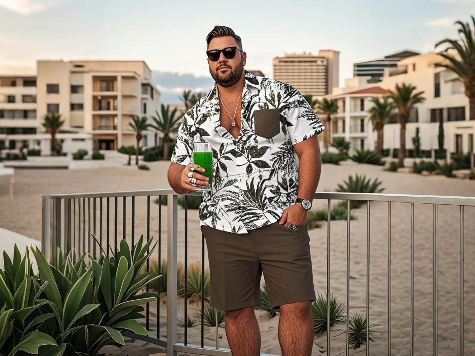 wearing big and tall Hawaiian shirts like local