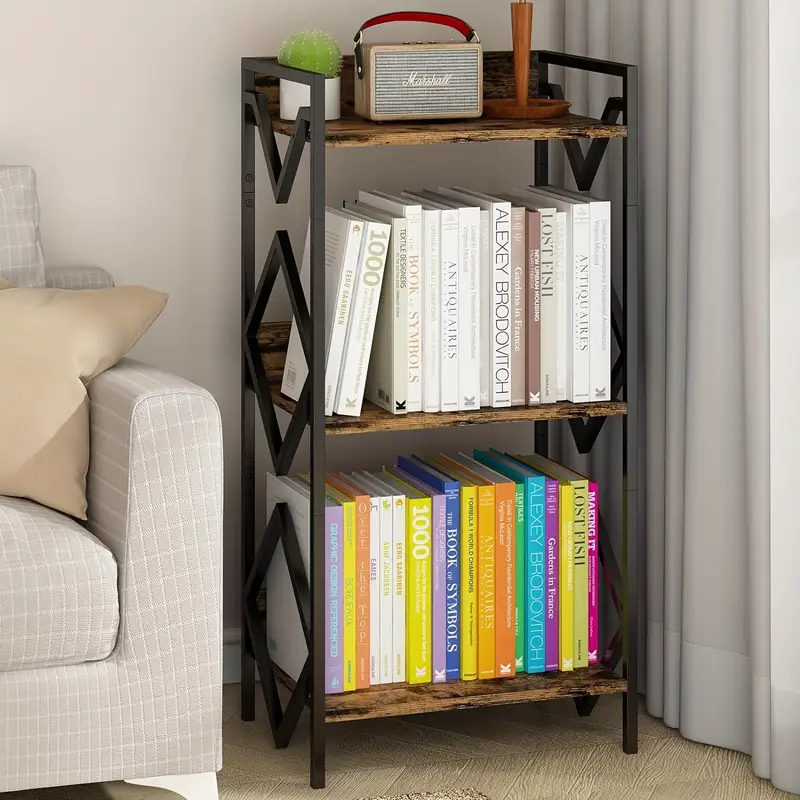 modern minimalist 3 tier black metal bookshelf with wood accents space saving design for office living room bedroom holds books plants and decor sturdy support easy assembly bookshelf decorations standing shelf details 4