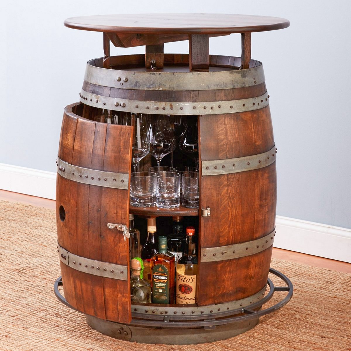 Ultimate Wine Barrel Table has hidden storage inside Ultimate Wine Barrel Table has hidden storage inside
