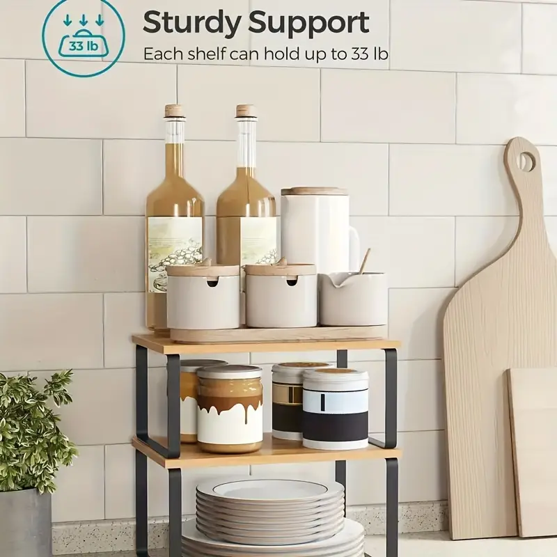 ldq 2 pack stackable cabinet organizer expandable kitchen countertop shelf spice rack storage for dining indoor use solid wood metal construction details 0