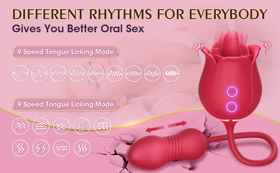 rose clitoral vibrator with 9 tongue licking modes and 9 thrusting frequencies