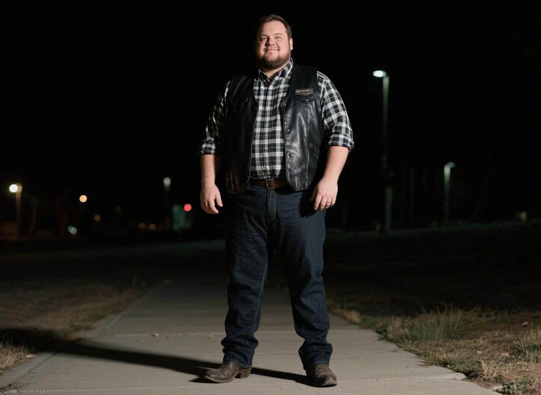 A big man wearing Western outfits fro redeo nights
