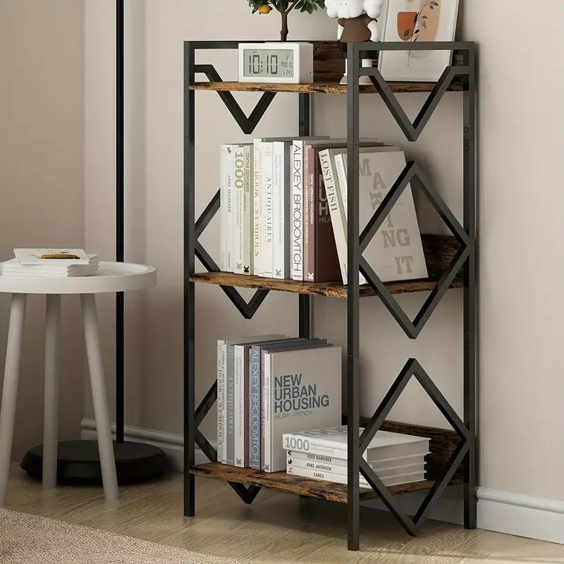 modern minimalist 3 tier black metal bookshelf with wood accents space saving design for office living room bedroom holds books plants and decor sturdy support easy assembly bookshelf decorations standing shelf details 3