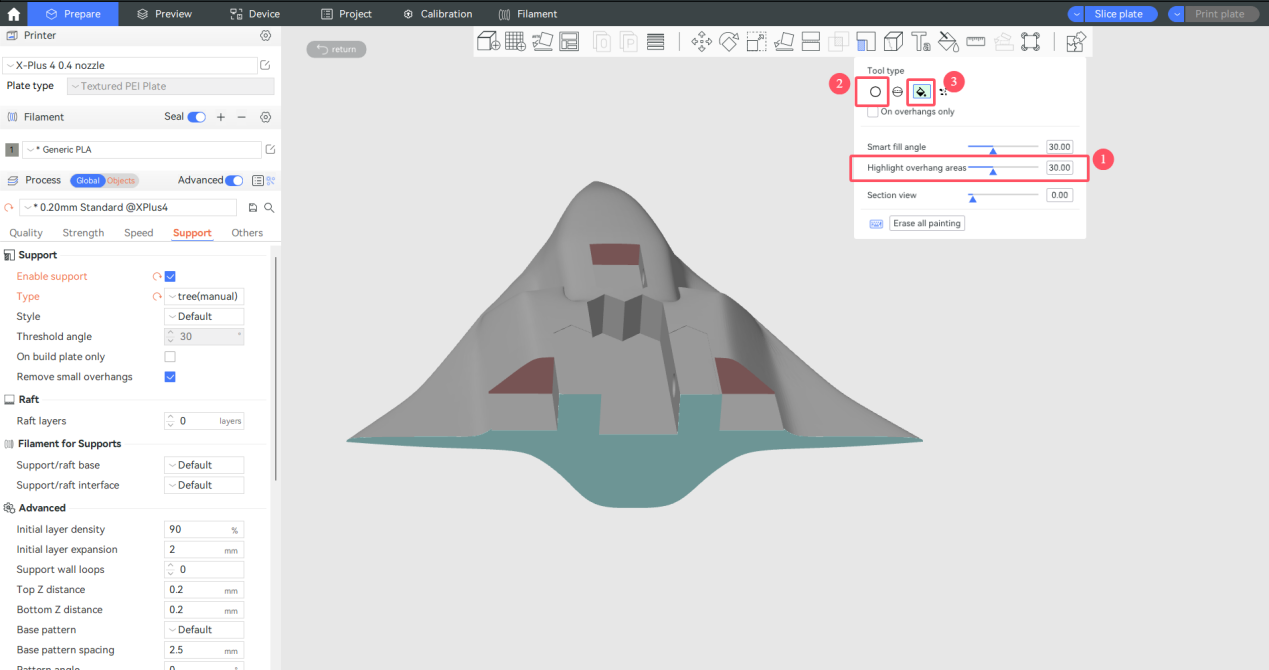 3D建模软件手动支撑绘制界面，悬垂区域以青绿色高亮显示，红色绘制工具精准添加支撑
