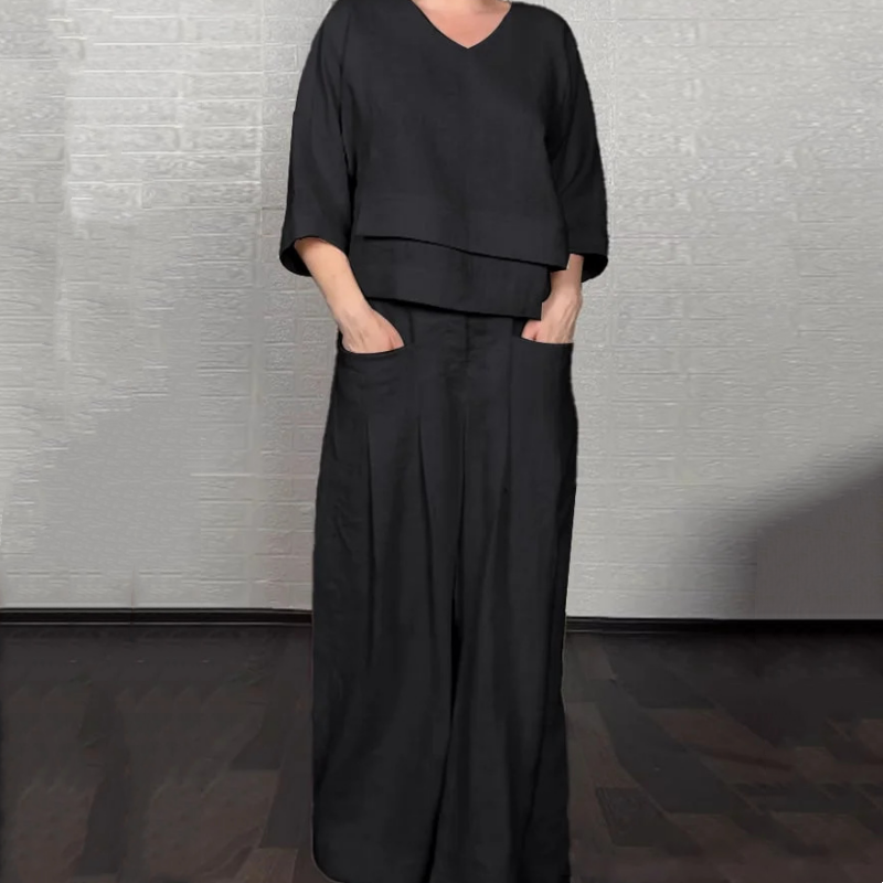 Two-piece set with irregular hem, short sleeves made of cotton and linen