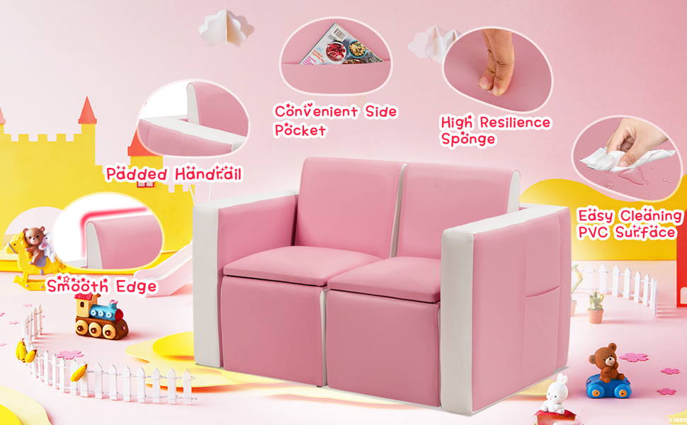 details for this pink child sofa chair