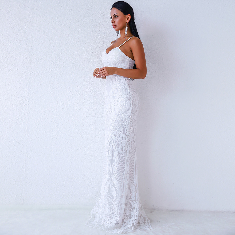 Elegant White Spaghetti-Stral Mermaid Prom Dress With Lace