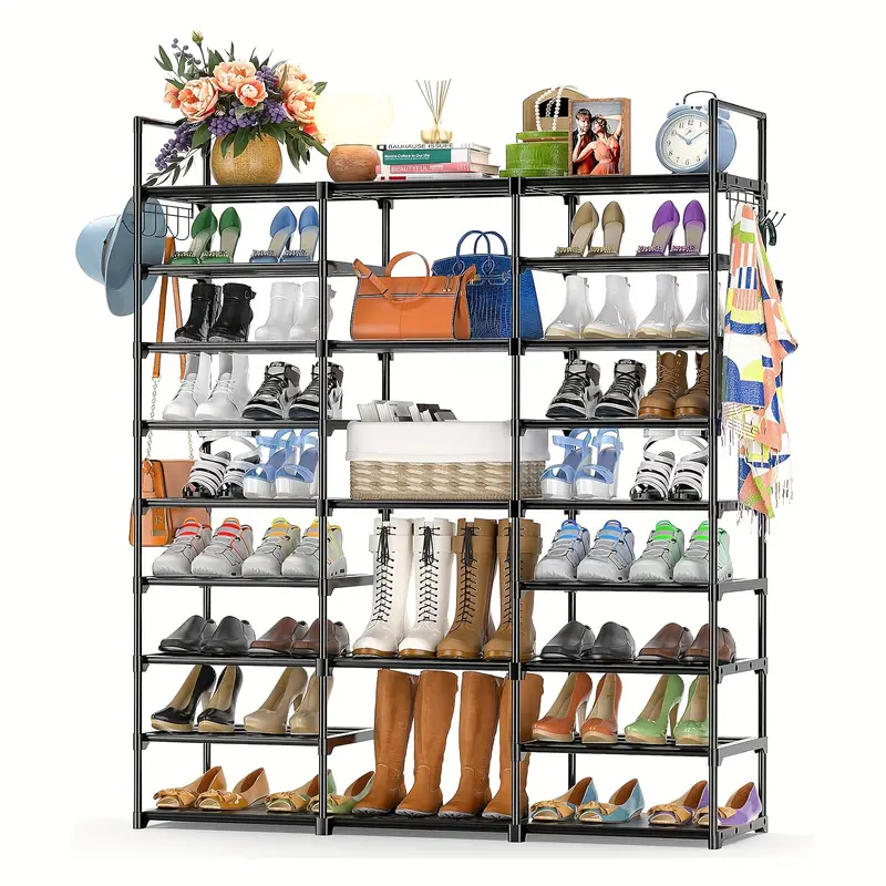 9 tier metal shoe rack organizer with hooks space saving storage for   pairs of shoes bags books stackable shelving unit for entryway bedroom or closet   high   sneakers and decorative items best for christmas utility racks details 0