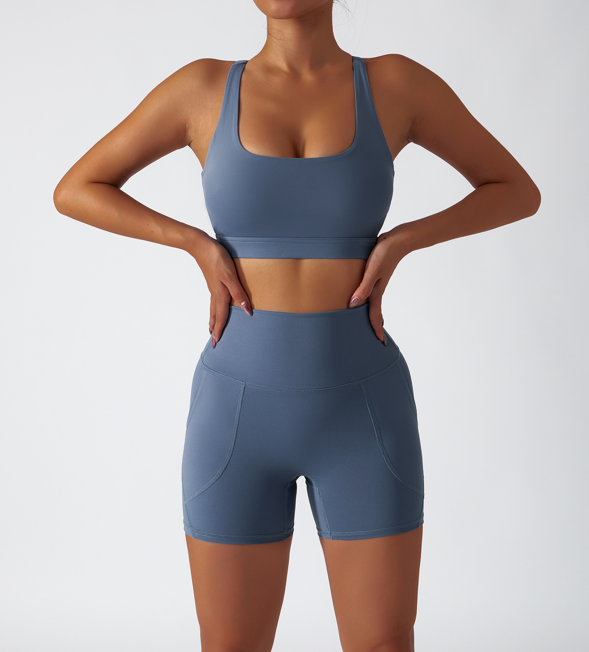 Hergymclothing blue yoga bra and sports shorts online shopping