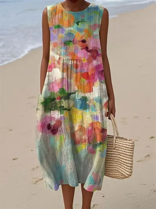 Women's summer sleeveless dress with a round neckline