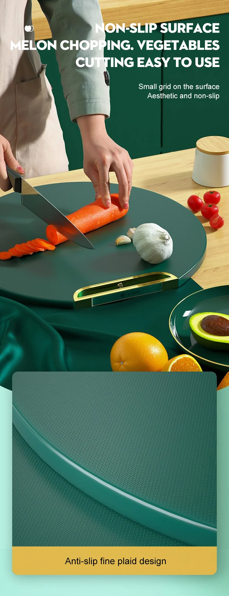 Double-sided PE Chopping Board Anti-mildew Non-slip Round Rotatable Green  Sticky Board Pad Stand-able Kitchen Cutting Board