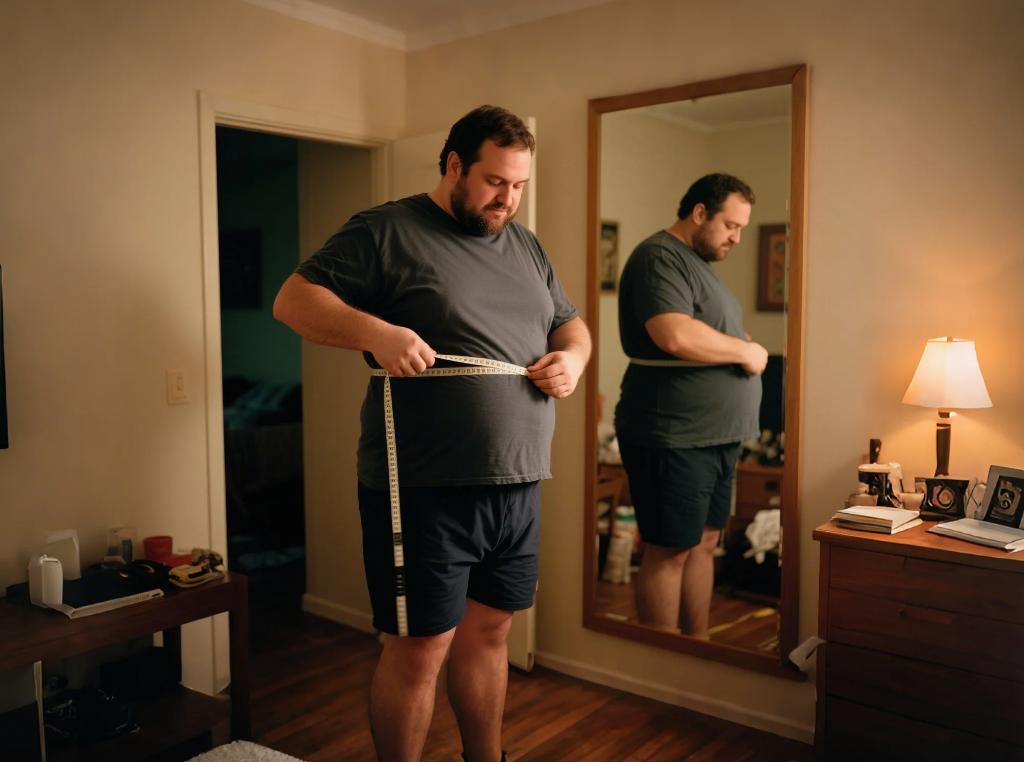 A big and tall man measure himself to buy 2-piece sets