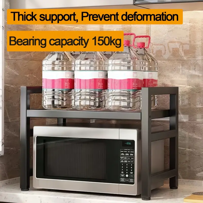  1 piece adjustable metal kitchen rack microwave holder expandable multifunctional storage rack for microwave fruit and vegetable storage black details 2
