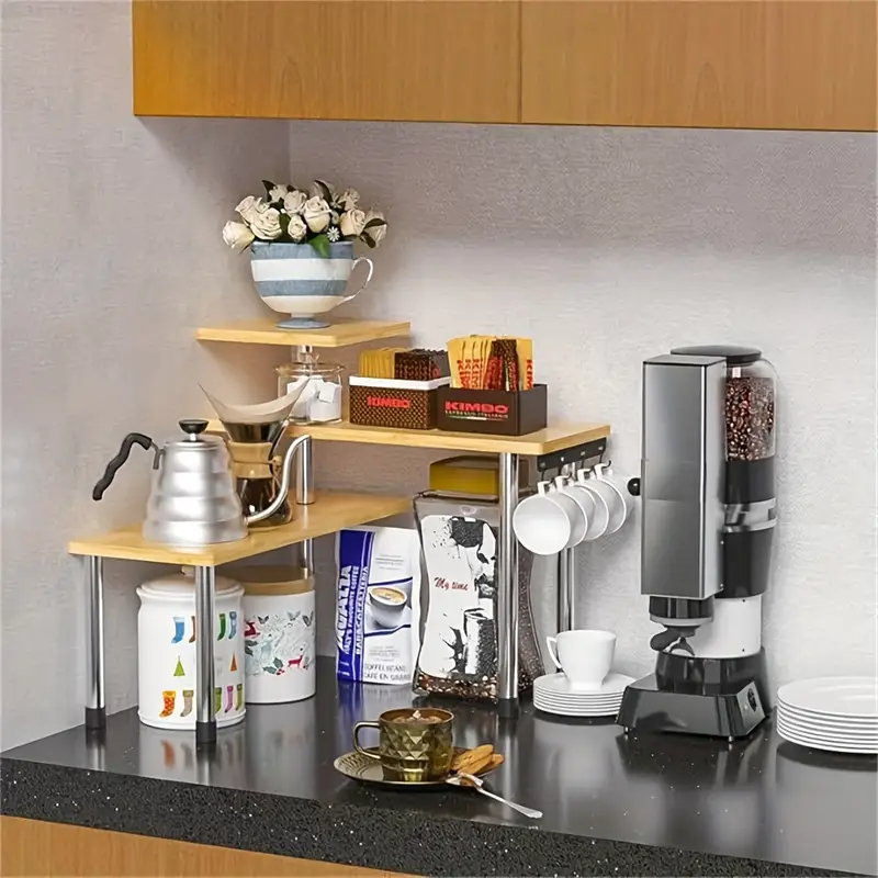   1pc triple wooden shelf countertop storage shelf removable corner storage shelf for kitchen bathroom spice rack coffee area above the sink dresser   of   details 2