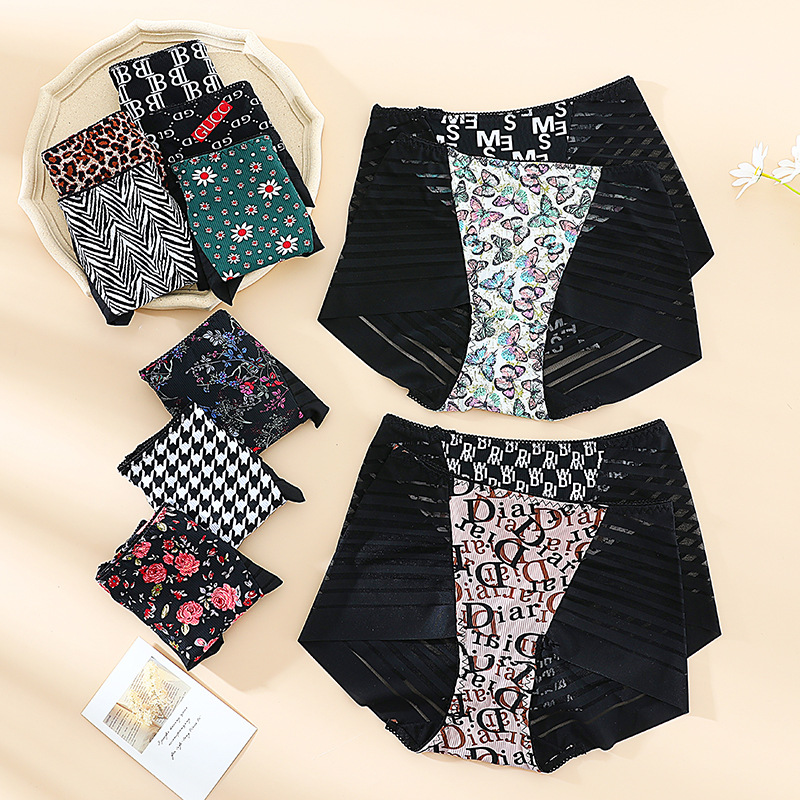 Seamless Printed One-Piece Ice Silk Hollow Lace Briefs
