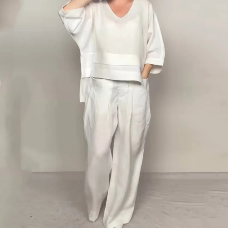 Two-piece set with irregular hem, short sleeves made of cotton and linen