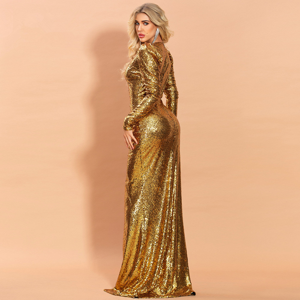 Sexy Gold Sequins Long Sleeve Prom Dress V Neck Mermaid Evening Gown