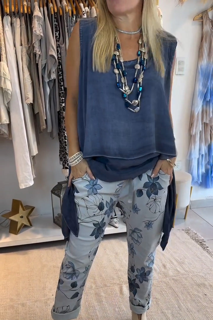 Women's Casual Solid Color Round Neck Sleeveless Irregular Double Bottom Fitted Printed Trousers