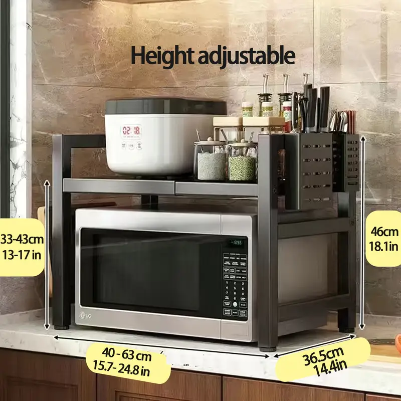  1 piece adjustable metal kitchen rack microwave holder expandable multifunctional storage rack for microwave fruit and vegetable storage black details 1