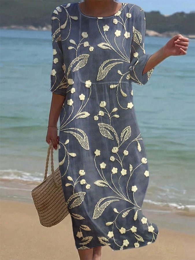 Women's Solid Round Neck Half Floral Cotton and Linen Dress
