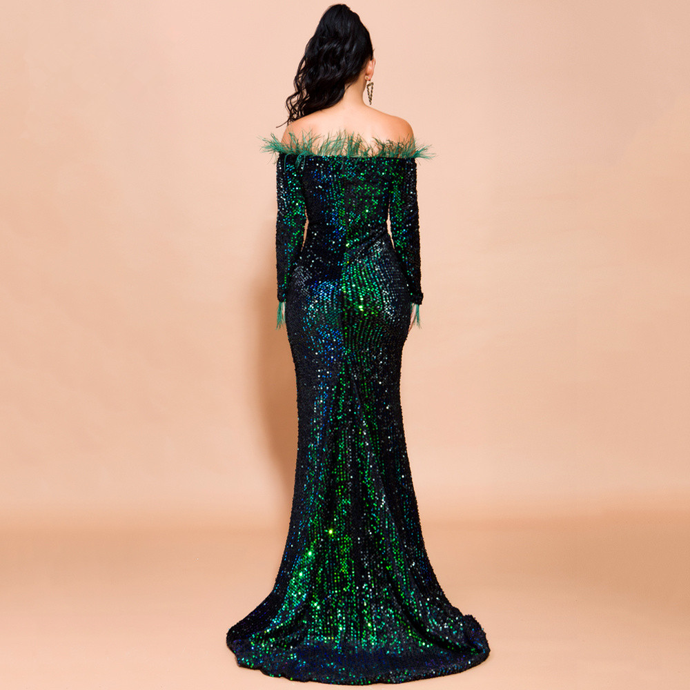 illusion sequin lace feather sleeve mermaid gown