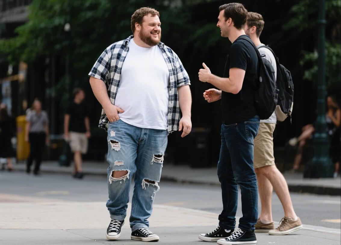 A big man pair his ripped jeans with T-shirt and shirts