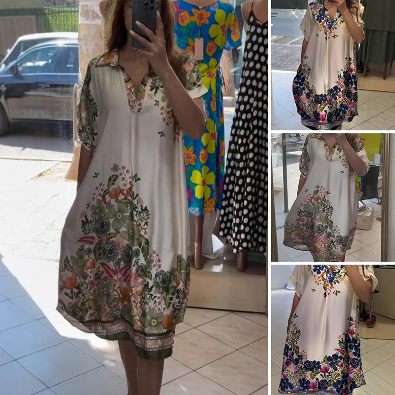 Dress with floral neckline and V neckline