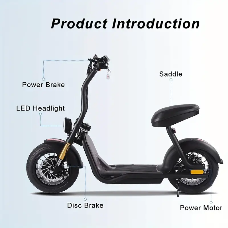 Ciclomotores para adultos, ciclomotor, , scooter el&eacute;ctrico de neum&aacute;ticos gruesos, scooter el&eacute;ctrico de alta  . Ciclomotor el&eacute;ctrico para adultos, scooter el&eacute;ctrico para adultos con asiento, bater&iacute;a de litio de   12 Ah, neum&aacute;ticos llenos de aire de 10, frenos: disco delantero y trasero detalles 1