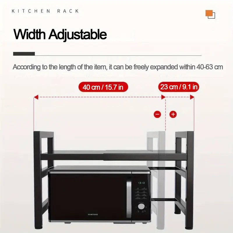  1 piece adjustable metal kitchen rack microwave holder expandable multifunctional storage rack for microwave fruit and vegetable storage black details 4