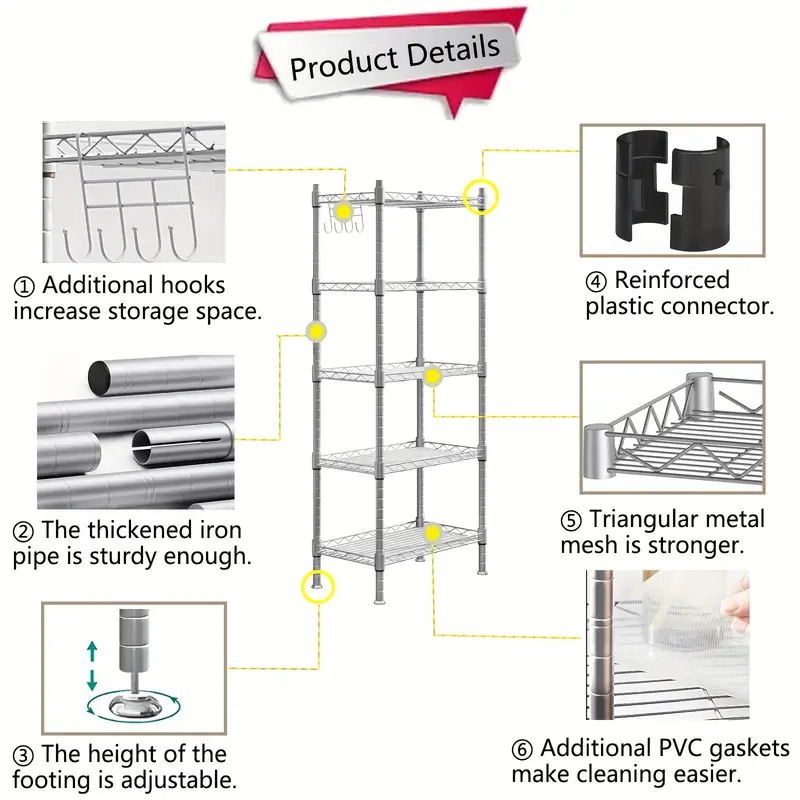 5 tier wire shelving 5 shelves unit metal storage rack   organizer   pantry closet kitchen laundry organization details 1