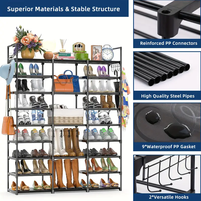 9 tier metal shoe rack organizer with hooks space saving storage for   pairs of shoes bags books stackable shelving unit for entryway bedroom or closet   high   sneakers and decorative items best for christmas utility racks details 2