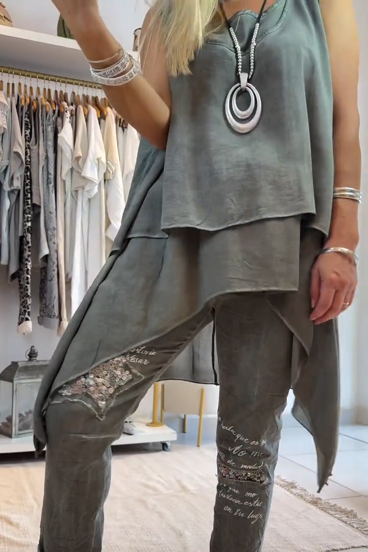 Women's Casual Solid Color Round Neck Sleeveless Irregular Double Bottom Fitted Printed Trousers