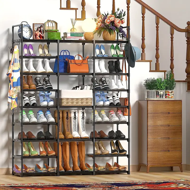 9 tier metal shoe rack organizer with hooks space saving storage for   pairs of shoes bags books stackable shelving unit for entryway bedroom or closet   high   sneakers and decorative items best for christmas utility racks details 6