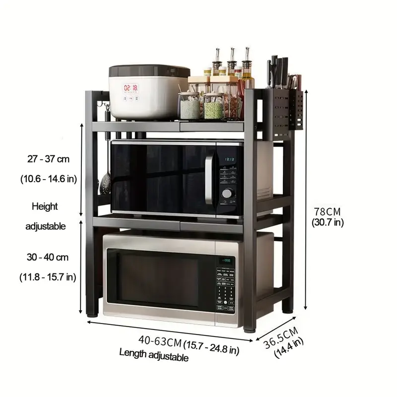  1 piece adjustable metal kitchen rack microwave holder expandable multifunctional storage rack for microwave fruit and vegetable storage black details 3