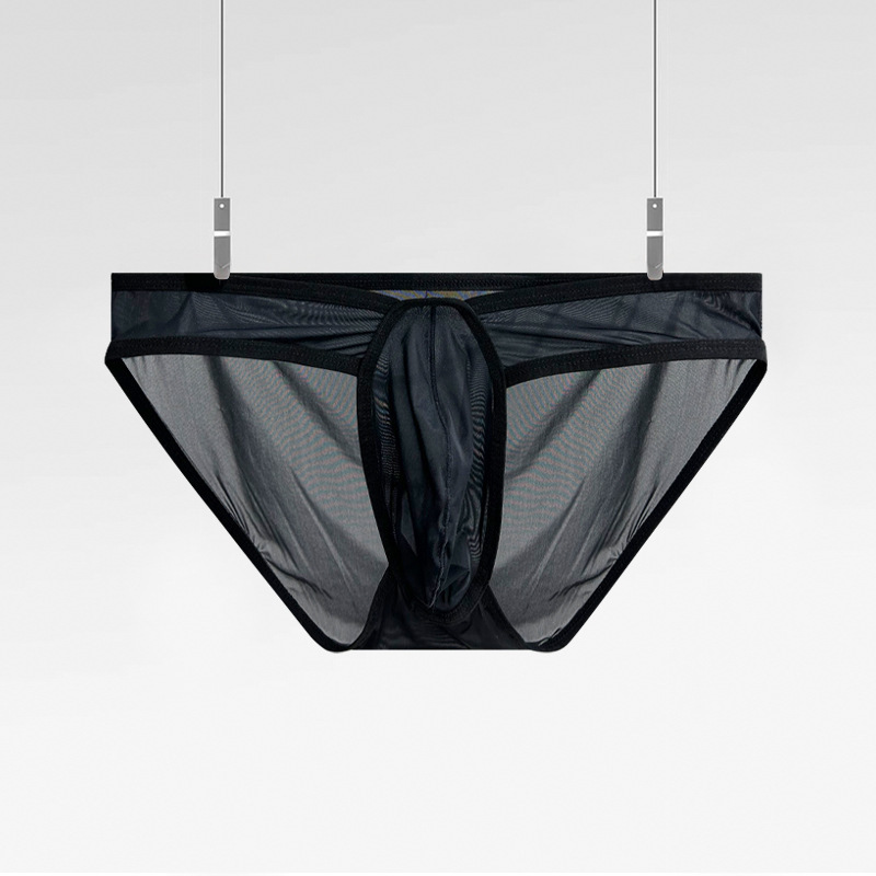 Men's Low Waist Sexy Ice Silk Transparent Large Pouch Briefs