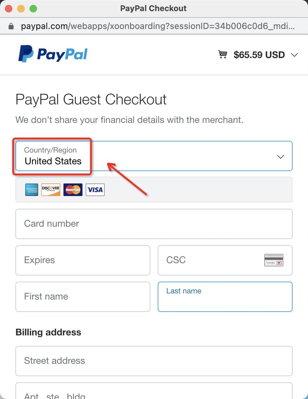 Choose the location on paypal