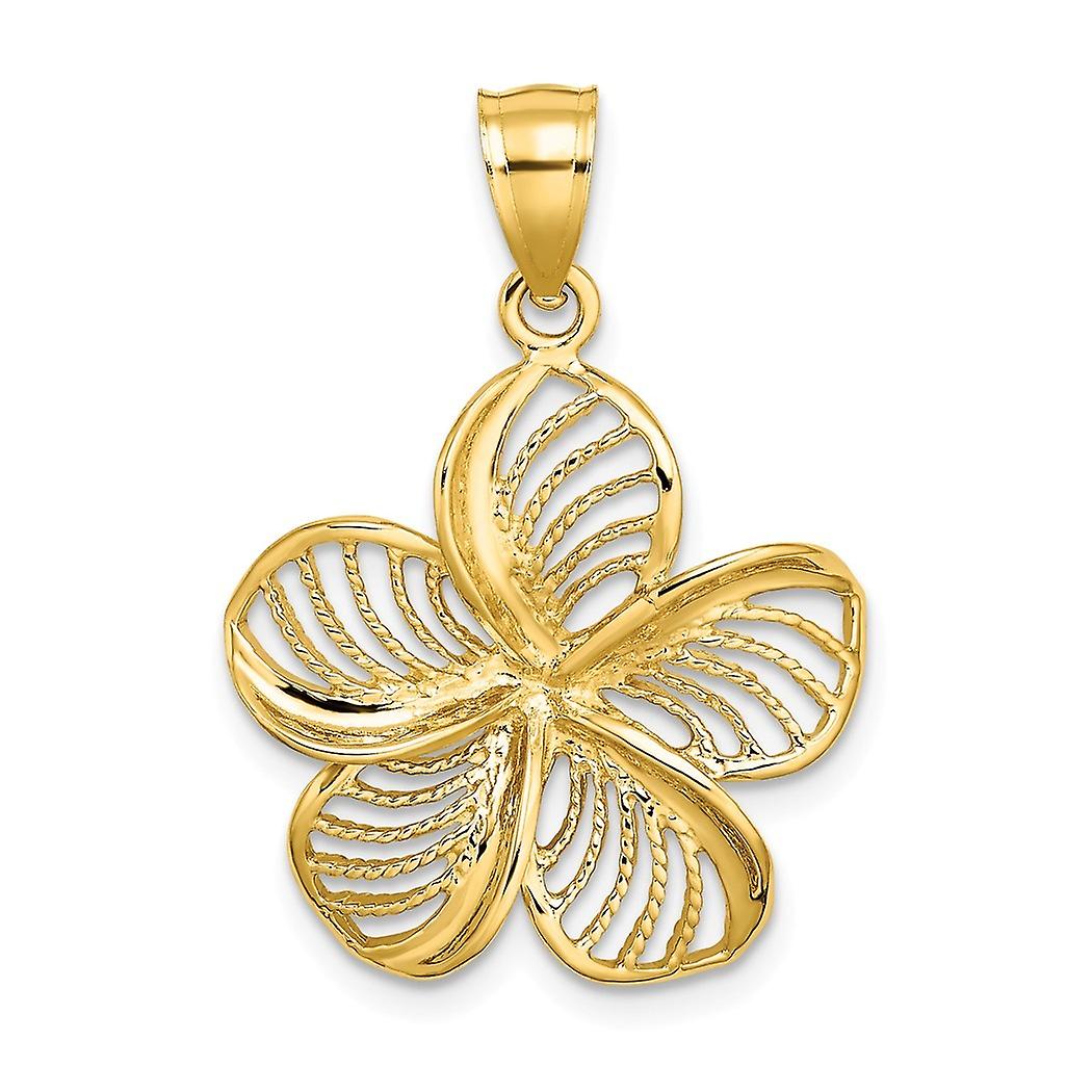 Collana con ciondolo a forma di fiore di plumeria in oro 14k con taglio alto e smalto con perline, misura 25,2x19,65 mm di larghezza. Regali di gioielli